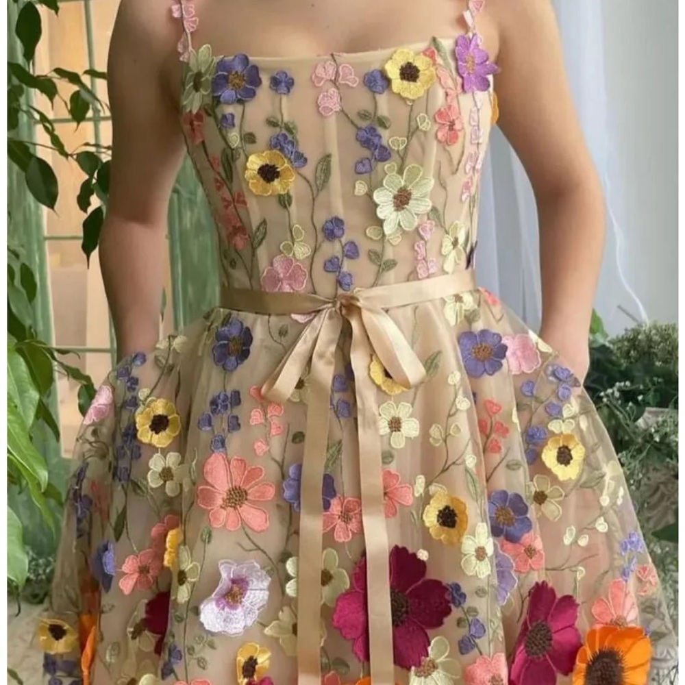 Floral Embroidered Dress with Ribbon